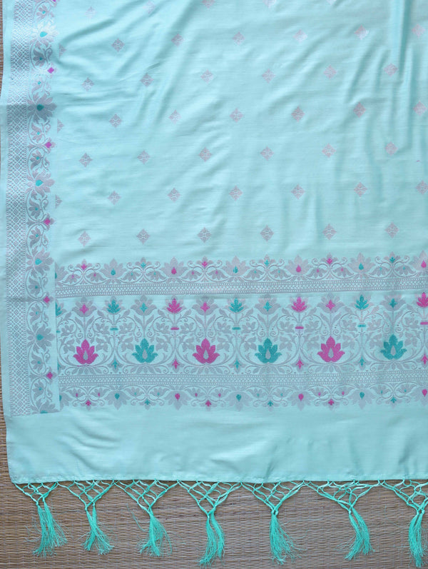 Banarasee Semi-Silk Silver Zari Work Salwar Kameez Fabric With Dupatta Set-Pastel Green