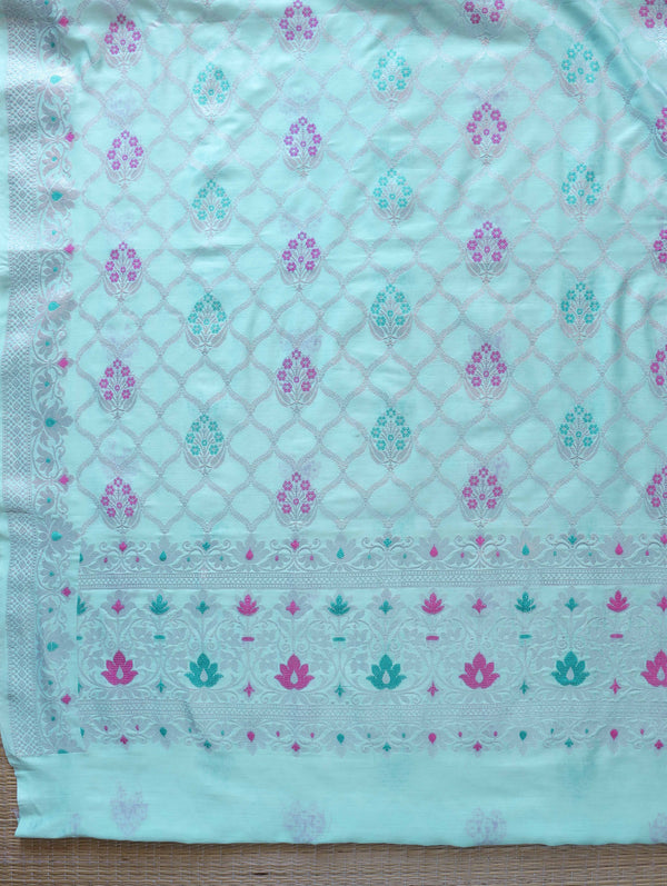 Banarasee Semi-Silk Silver Zari Work Salwar Kameez Fabric With Dupatta Set-Pastel Green