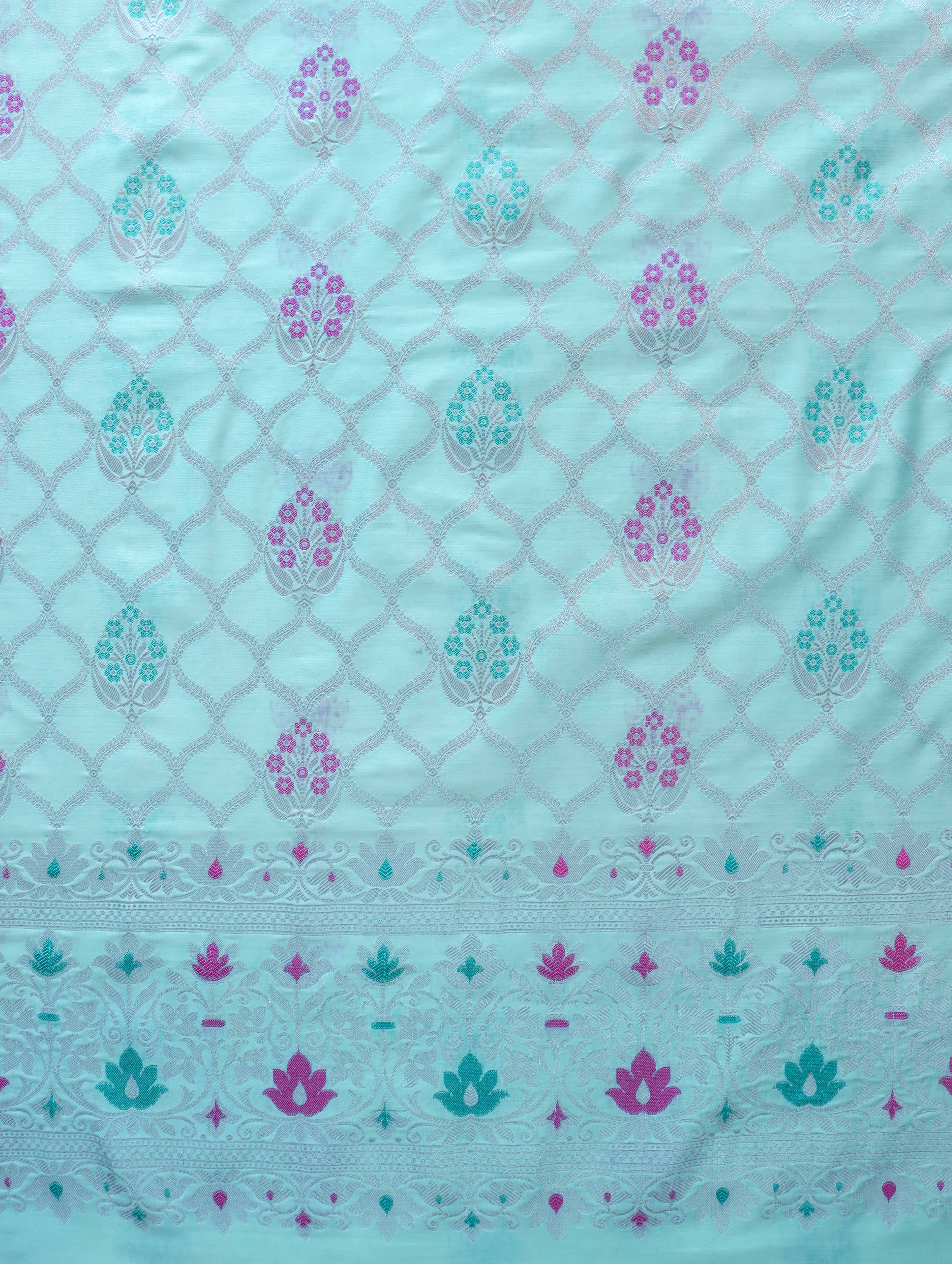 Banarasee Semi-Silk Silver Zari Work Salwar Kameez Fabric With Dupatta Set-Pastel Green