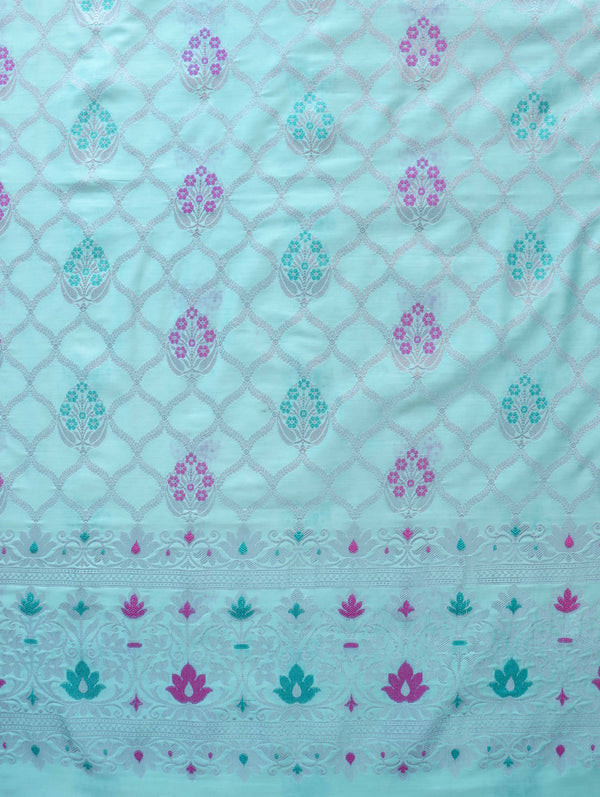 Banarasee Semi-Silk Silver Zari Work Salwar Kameez Fabric With Dupatta Set-Pastel Green