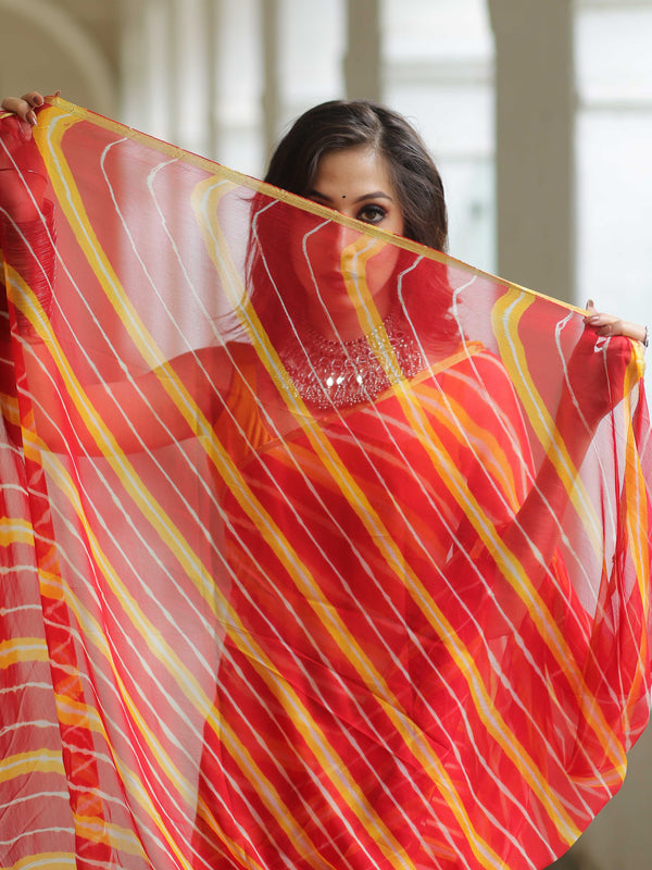 Banarasee Pure Chiffon Hand-Dyed Leheriya Saree With Gold Border-Red & Yellow