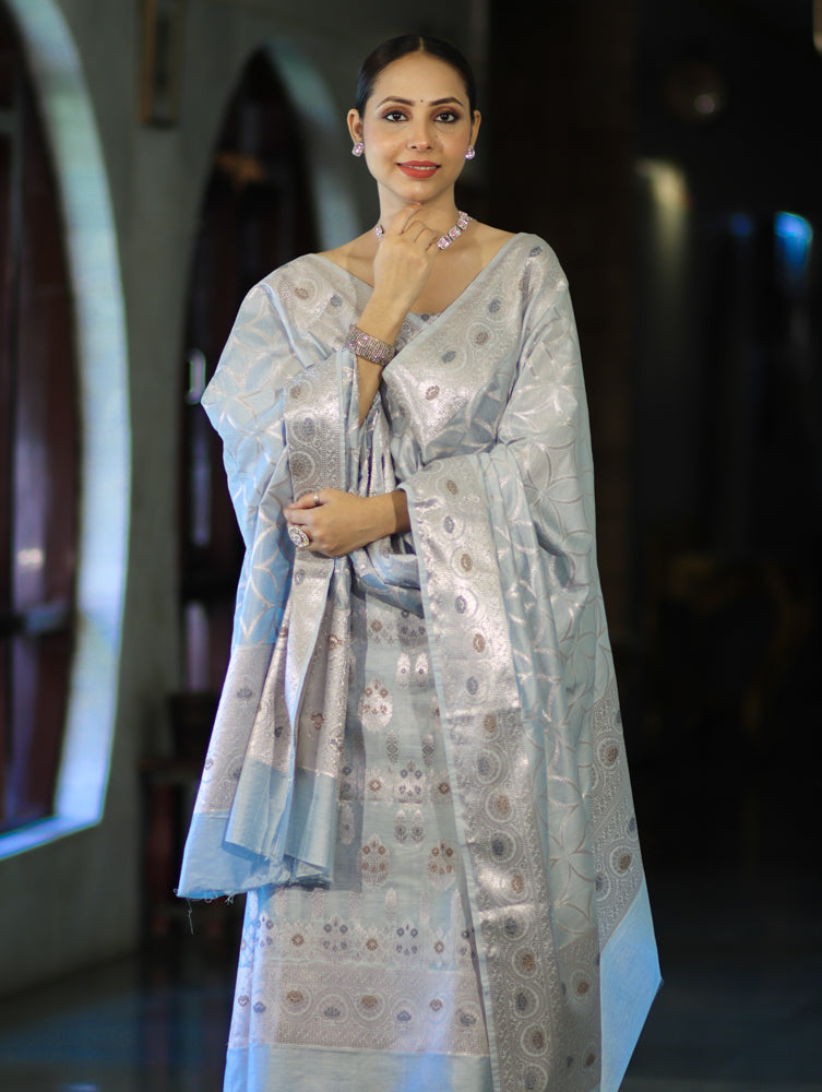Banarasee Cotton Silk Zari Work Salwar Kameez Fabric With Dupatta Set-Powder Blue