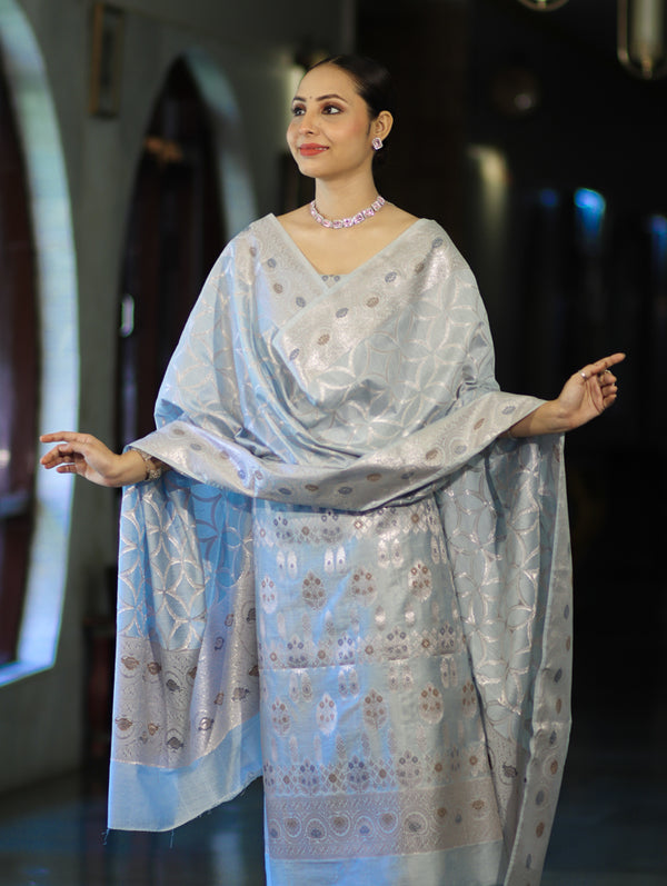 Banarasee Cotton Silk Zari Work Salwar Kameez Fabric With Dupatta Set-Powder Blue