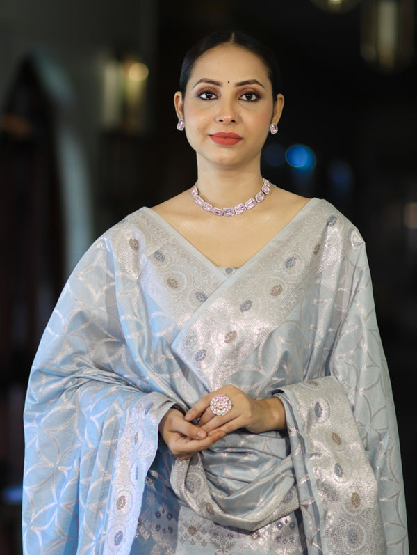 Banarasee Cotton Silk Zari Work Salwar Kameez Fabric With Dupatta Set-Powder Blue