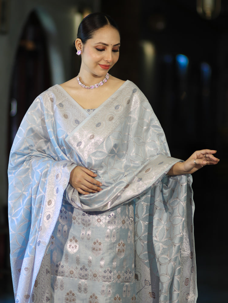 Banarasee Cotton Silk Zari Work Salwar Kameez Fabric With Dupatta Set-Powder Blue