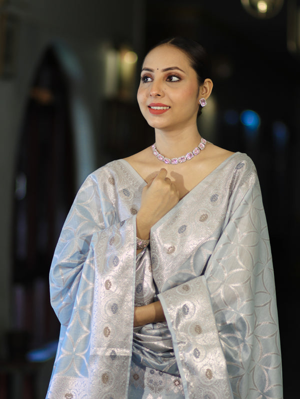 Banarasee Cotton Silk Zari Work Salwar Kameez Fabric With Dupatta Set-Powder Blue