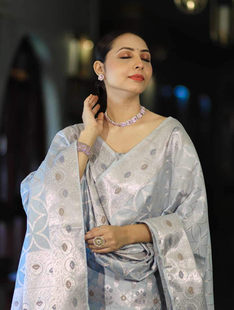 Banarasee Cotton Silk Zari Work Salwar Kameez Fabric With Dupatta Set-Powder Blue