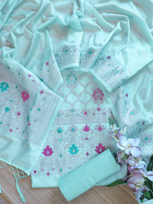 Banarasee Semi-Silk Silver Zari Work Salwar Kameez Fabric With Dupatta Set-Pastel Green