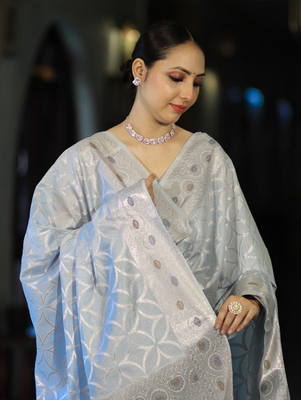 Banarasee Cotton Silk Zari Work Salwar Kameez Fabric With Dupatta Set-Powder Blue