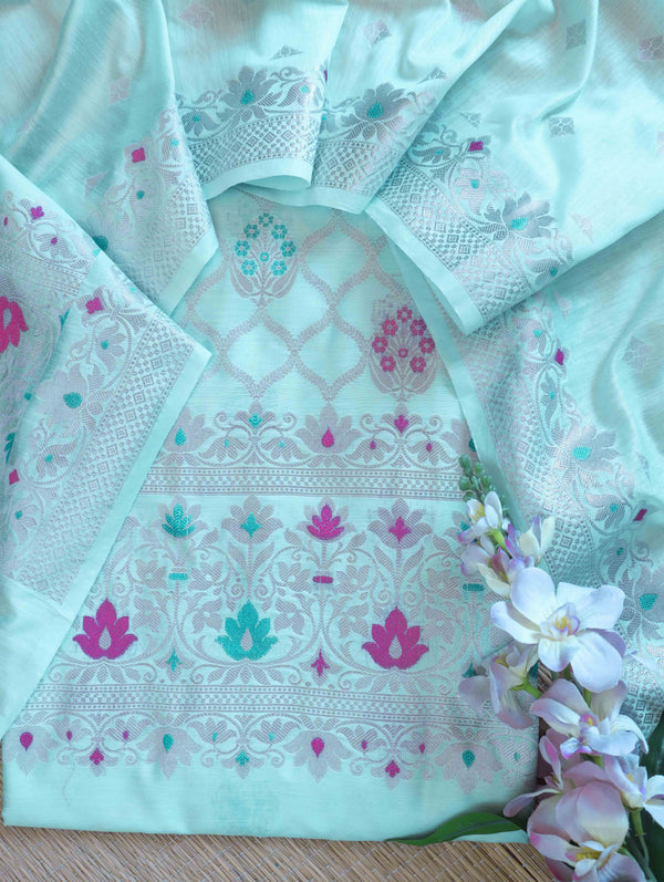Banarasee Semi-Silk Silver Zari Work Salwar Kameez Fabric With Dupatta Set-Pastel Green