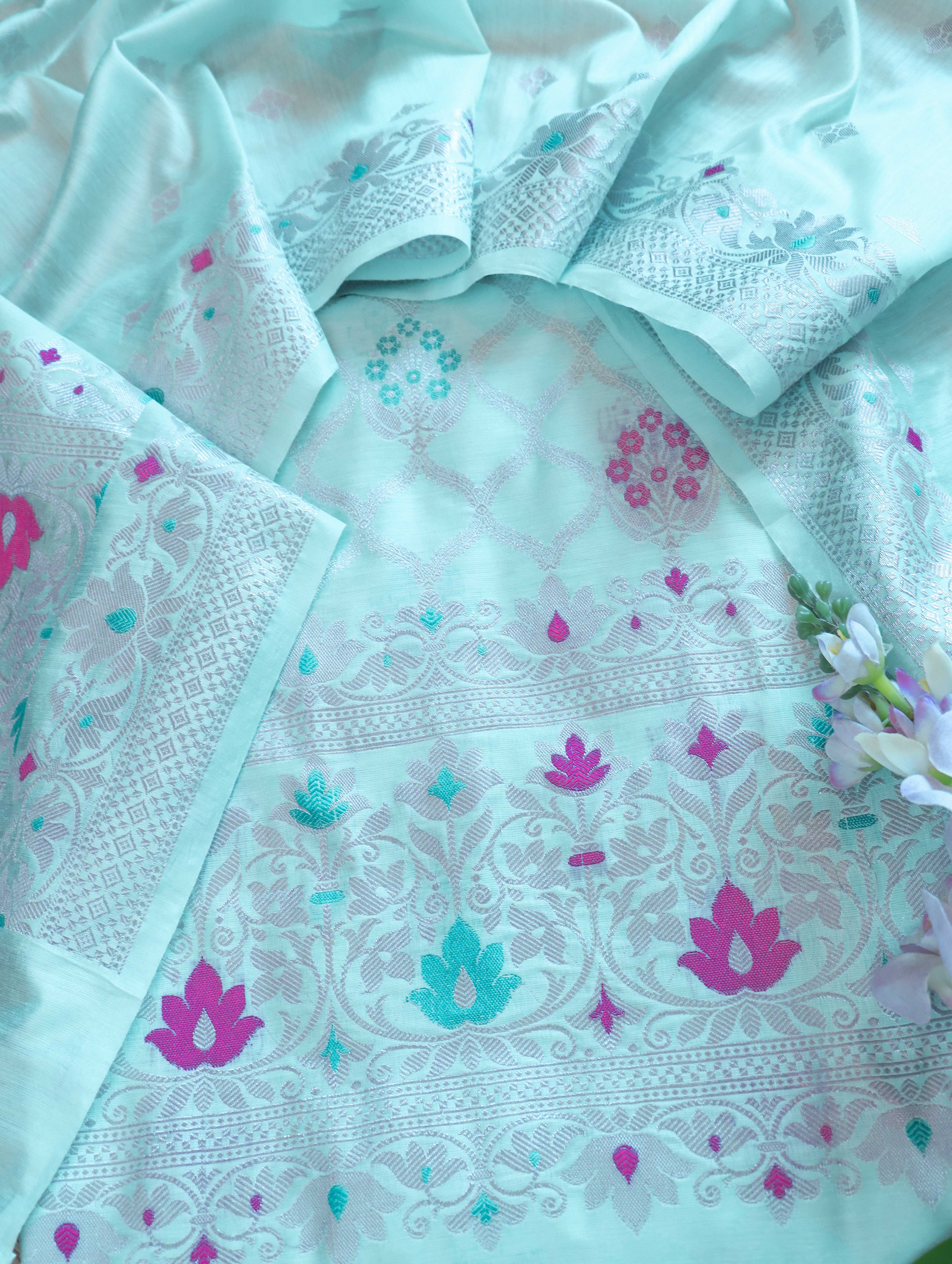 Banarasee Semi-Silk Silver Zari Work Salwar Kameez Fabric With Dupatta Set-Pastel Green