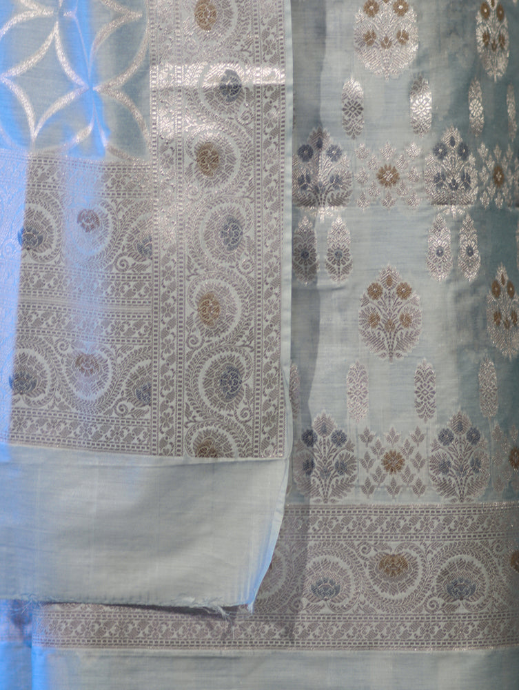 Banarasee Cotton Silk Zari Work Salwar Kameez Fabric With Dupatta Set-Powder Blue