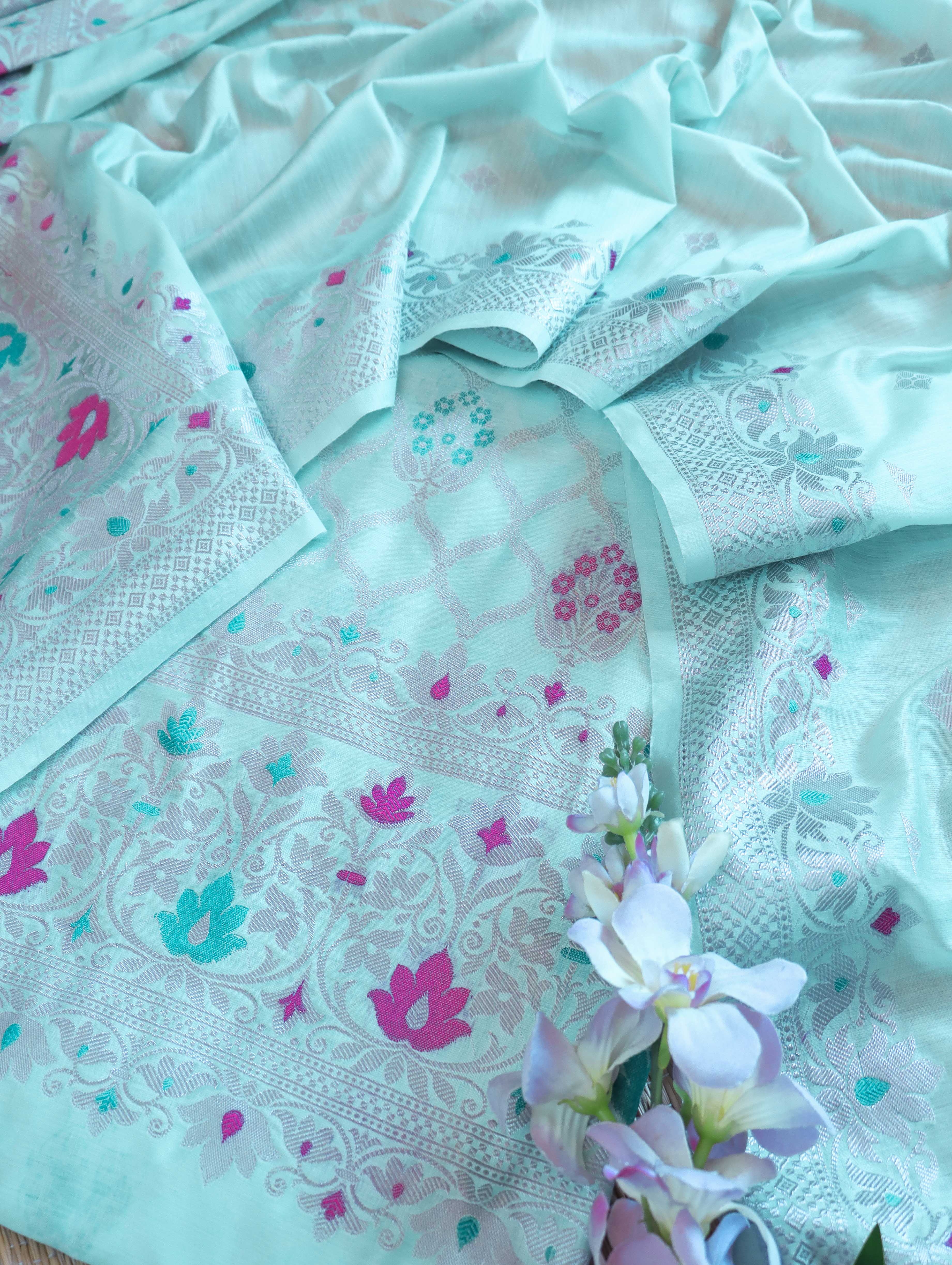 Banarasee Semi-Silk Silver Zari Work Salwar Kameez Fabric With Dupatta Set-Pastel Green