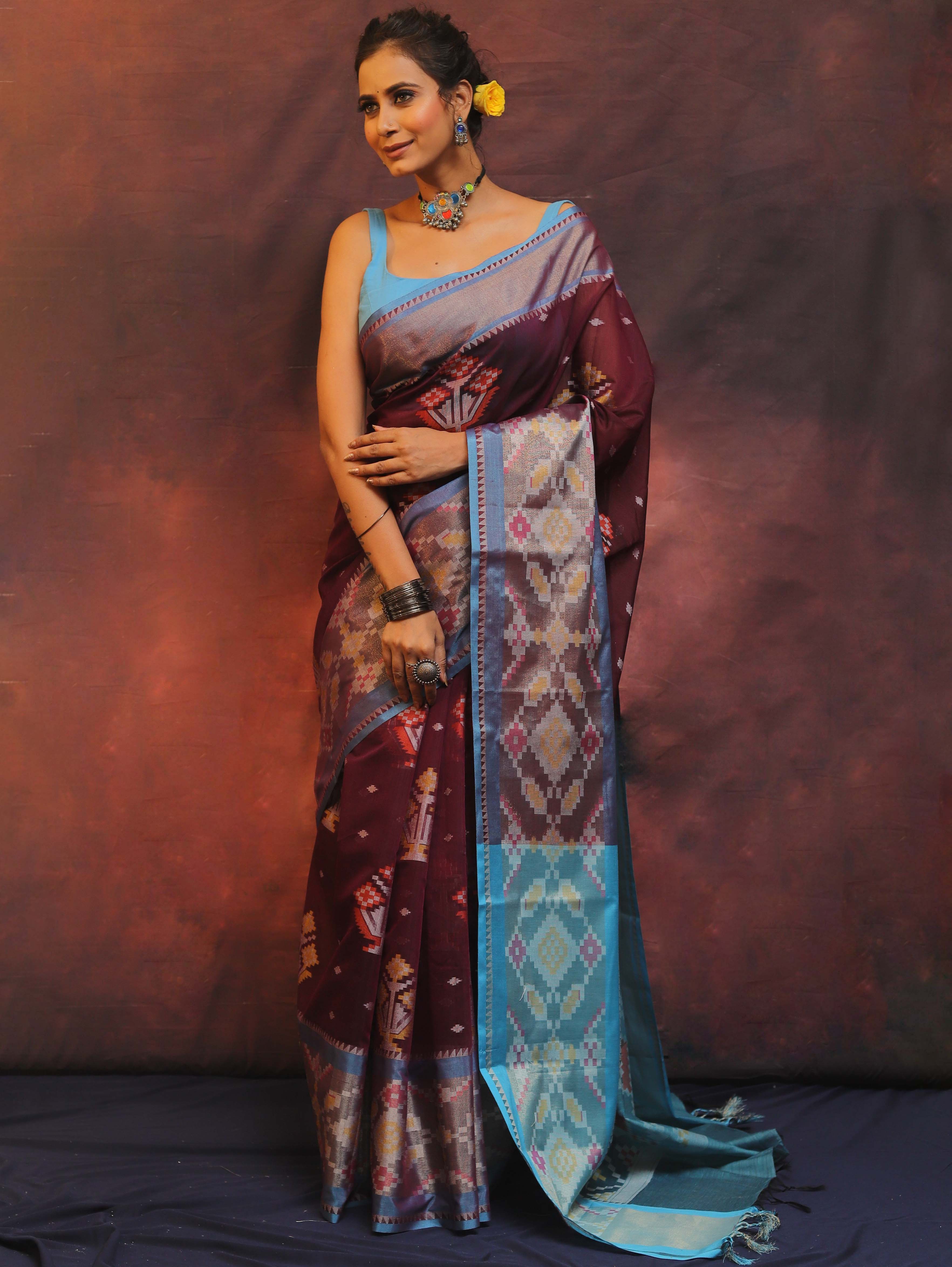 Banarasee Cotton Silk Saree Zari Buta Design & Contrast Border-Violet