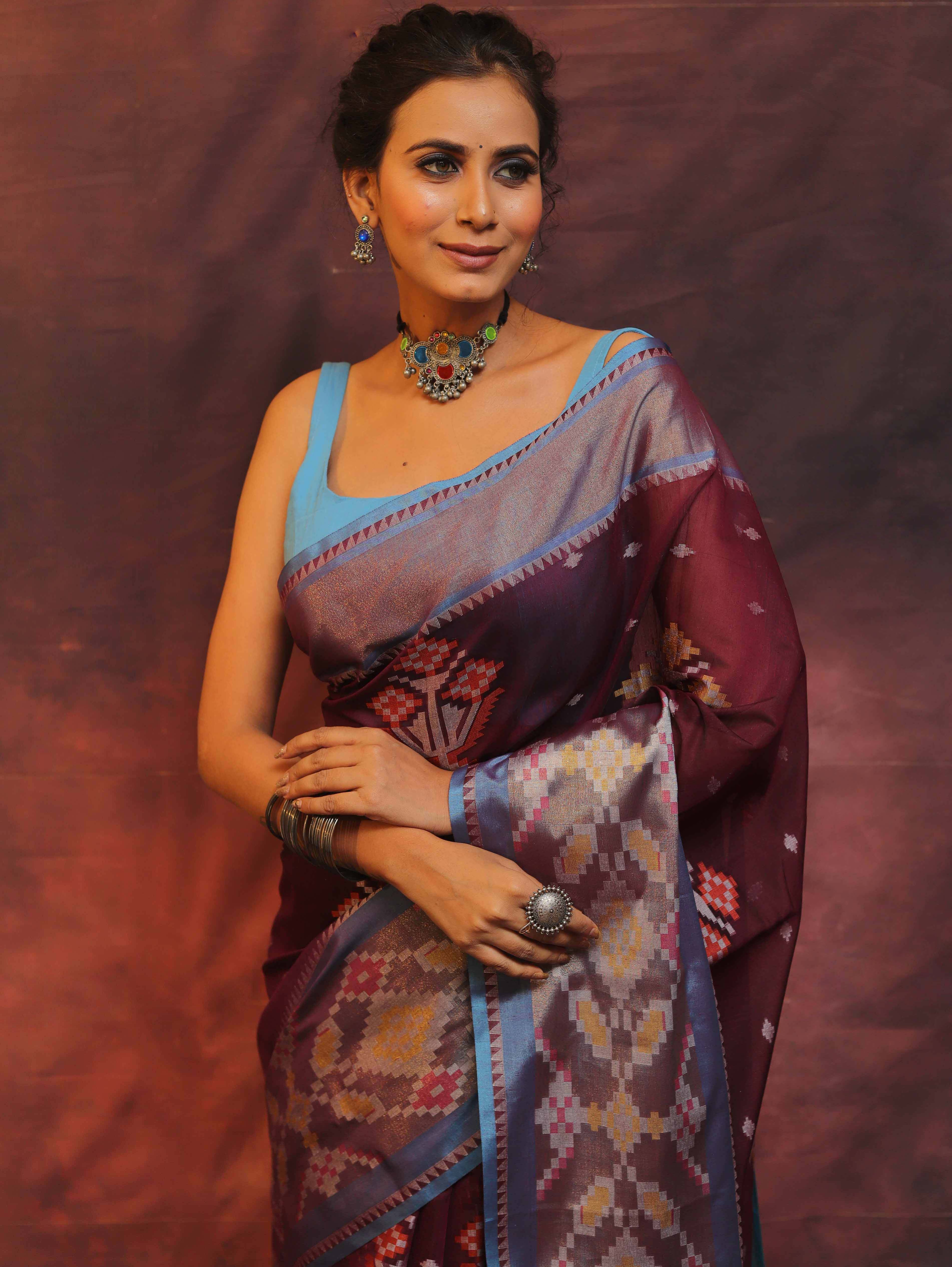 Banarasee Cotton Silk Saree Zari Buta Design & Contrast Border-Violet