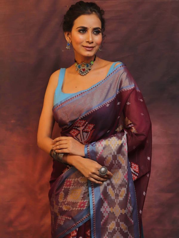 Banarasee Cotton Silk Saree Zari Buta Design & Contrast Border-Violet