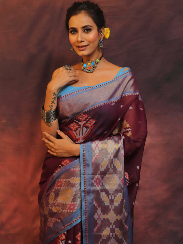 Banarasee Cotton Silk Saree Zari Buta Design & Contrast Border-Violet