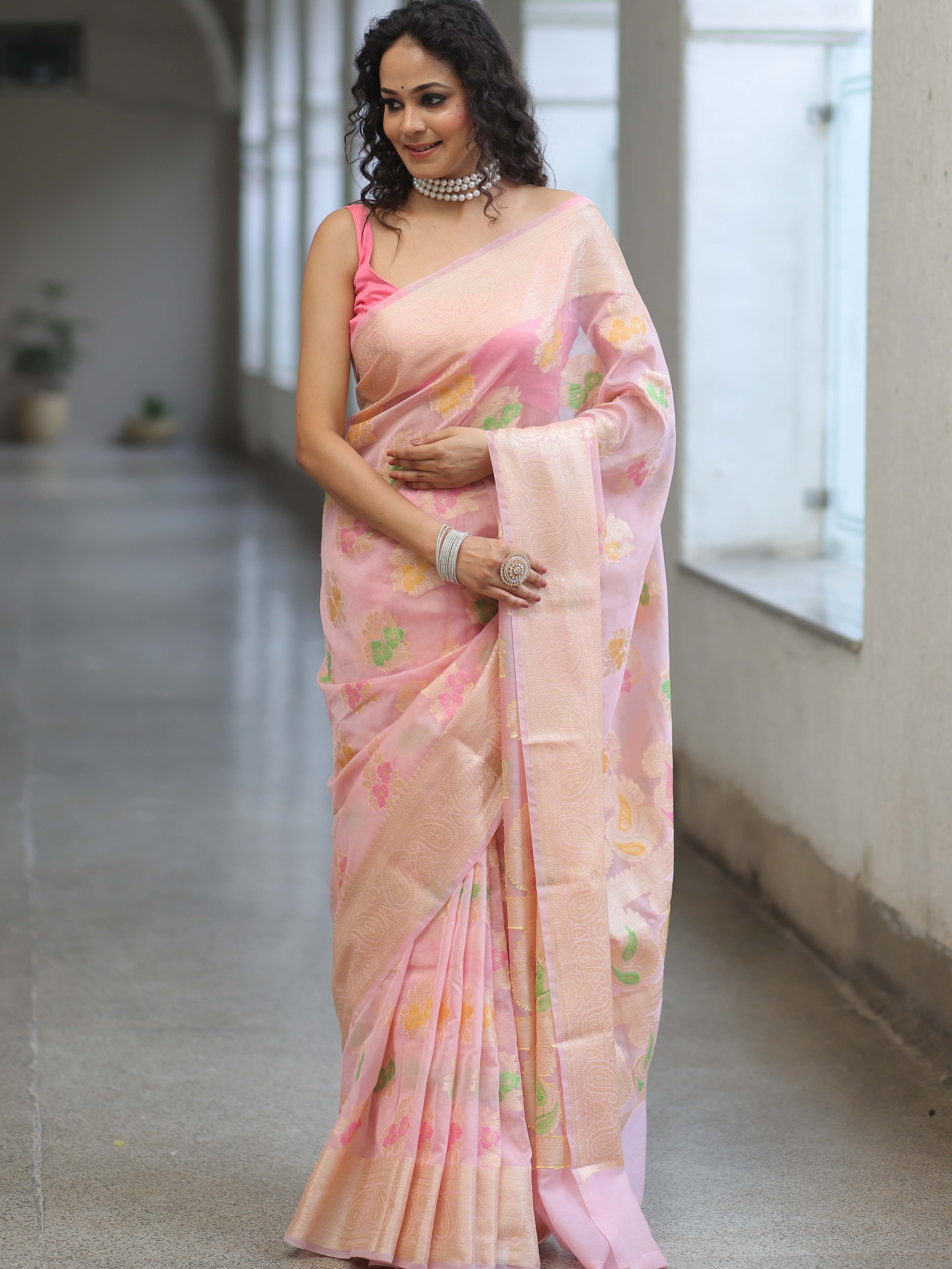 Banarasee Faux Georgette Saree With Gold Zari & Resham Jaal Work-Pink