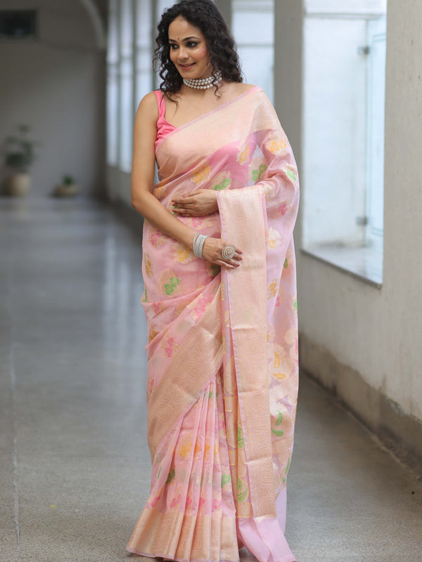 Banarasee Faux Georgette Saree With Gold Zari & Resham Jaal Work-Pink