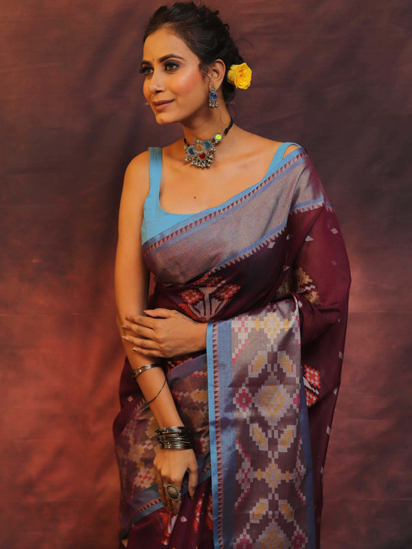 Banarasee Cotton Silk Saree Zari Buta Design & Contrast Border-Violet