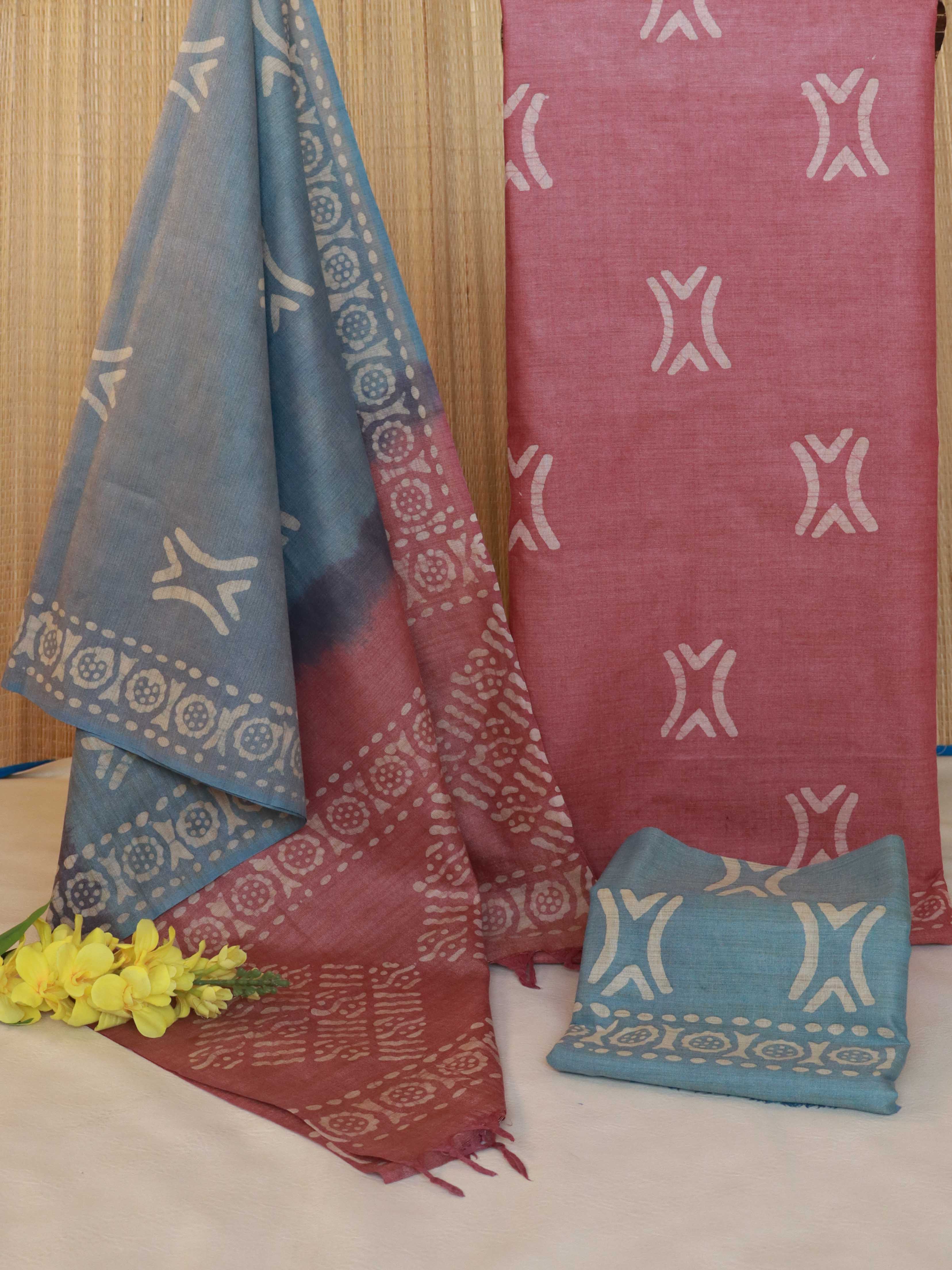 Handloom Khadi Cotton Hand-Dyed Batik Pattern Salwar Kameez Dupatta Set-Plum & Blue