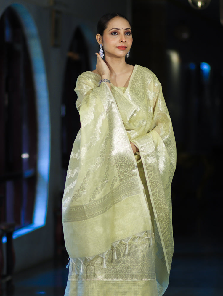 Banarasee Cotton Silk Kota Check Zari Work Salwar Kameez Fabric With Dupatta Set-Light Yellow