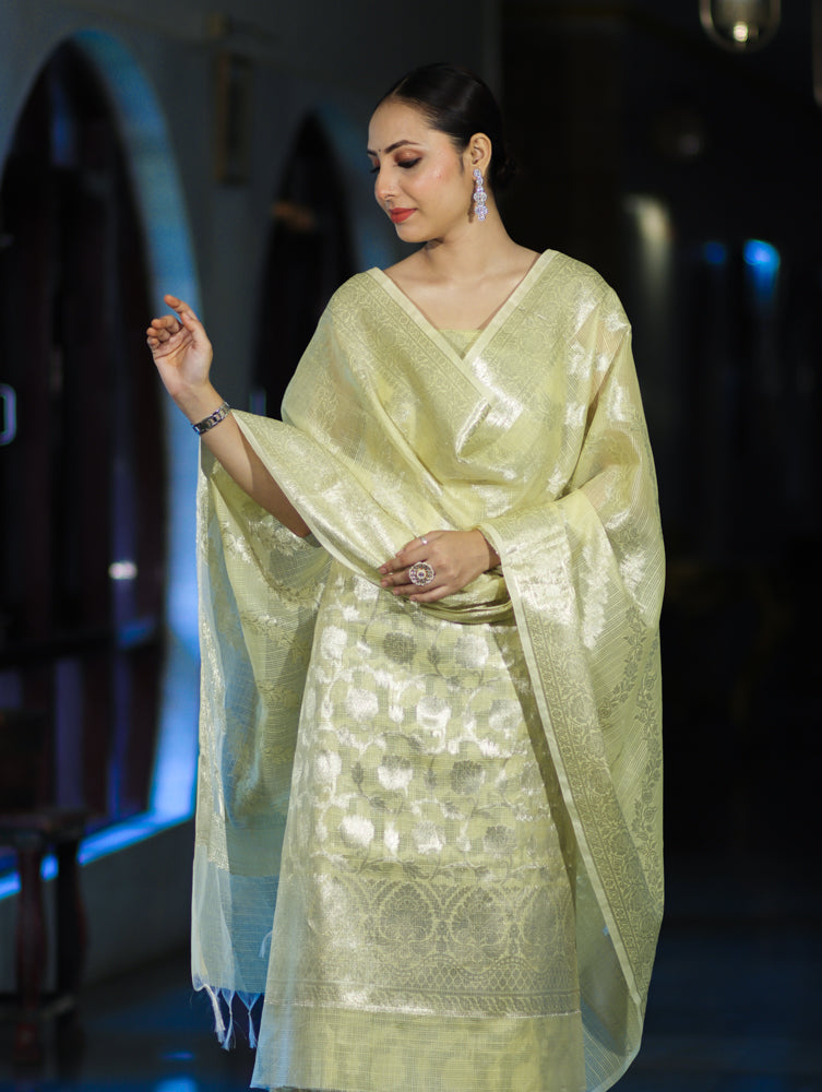 Banarasee Cotton Silk Kota Check Zari Work Salwar Kameez Fabric With Dupatta Set-Light Yellow