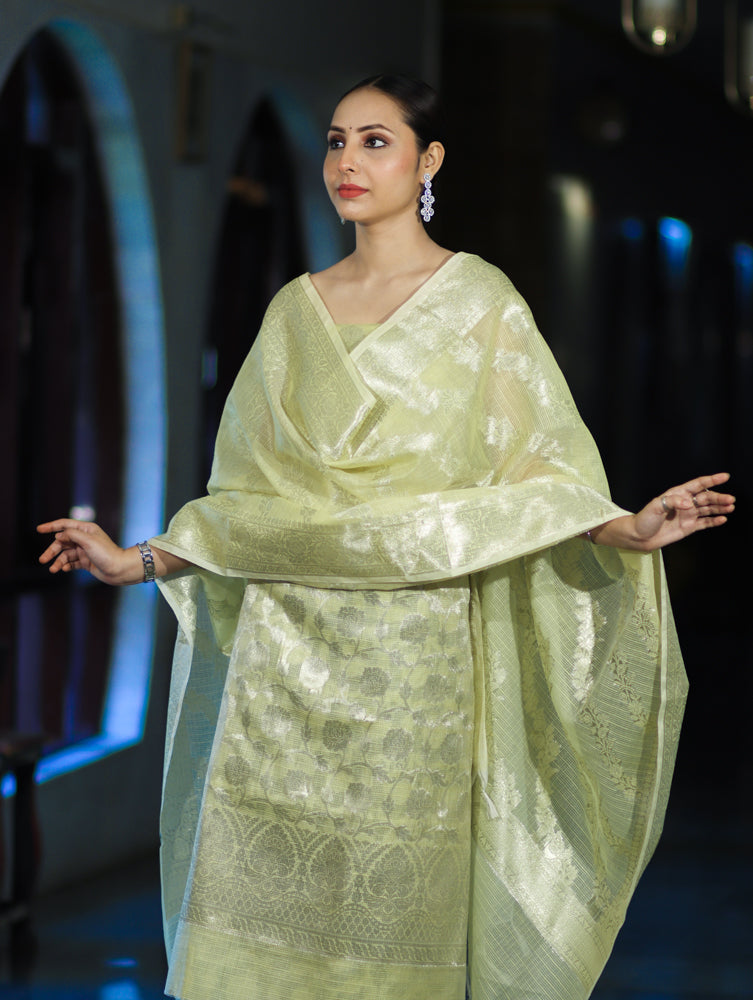 Banarasee Cotton Silk Kota Check Zari Work Salwar Kameez Fabric With Dupatta Set-Light Yellow