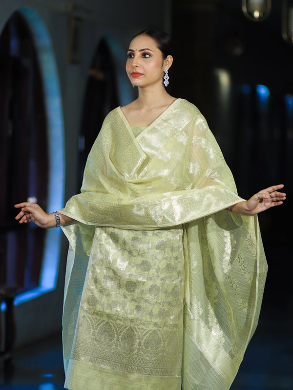 Banarasee Cotton Silk Kota Check Zari Work Salwar Kameez Fabric With Dupatta Set-Light Yellow