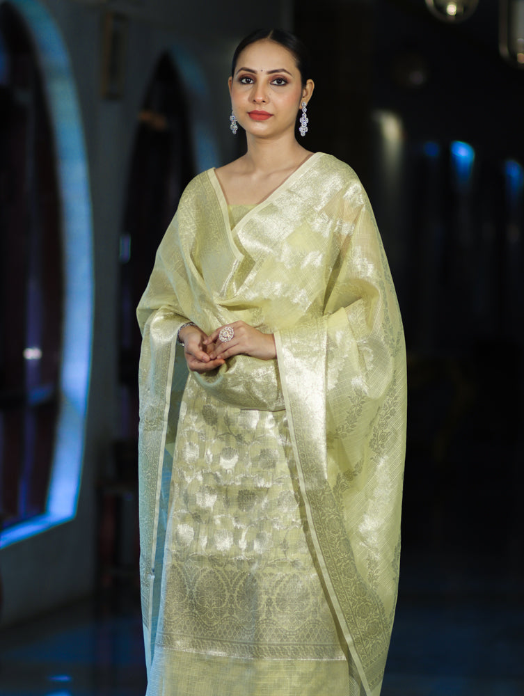 Banarasee Cotton Silk Kota Check Zari Work Salwar Kameez Fabric With Dupatta Set-Light Yellow
