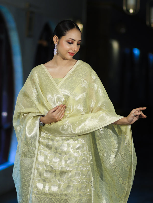 Banarasee Cotton Silk Kota Check Zari Work Salwar Kameez Fabric With Dupatta Set-Light Yellow