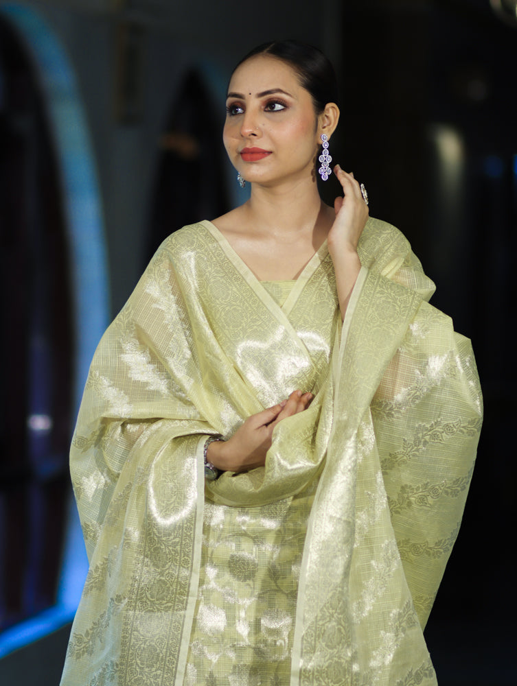 Banarasee Cotton Silk Kota Check Zari Work Salwar Kameez Fabric With Dupatta Set-Light Yellow