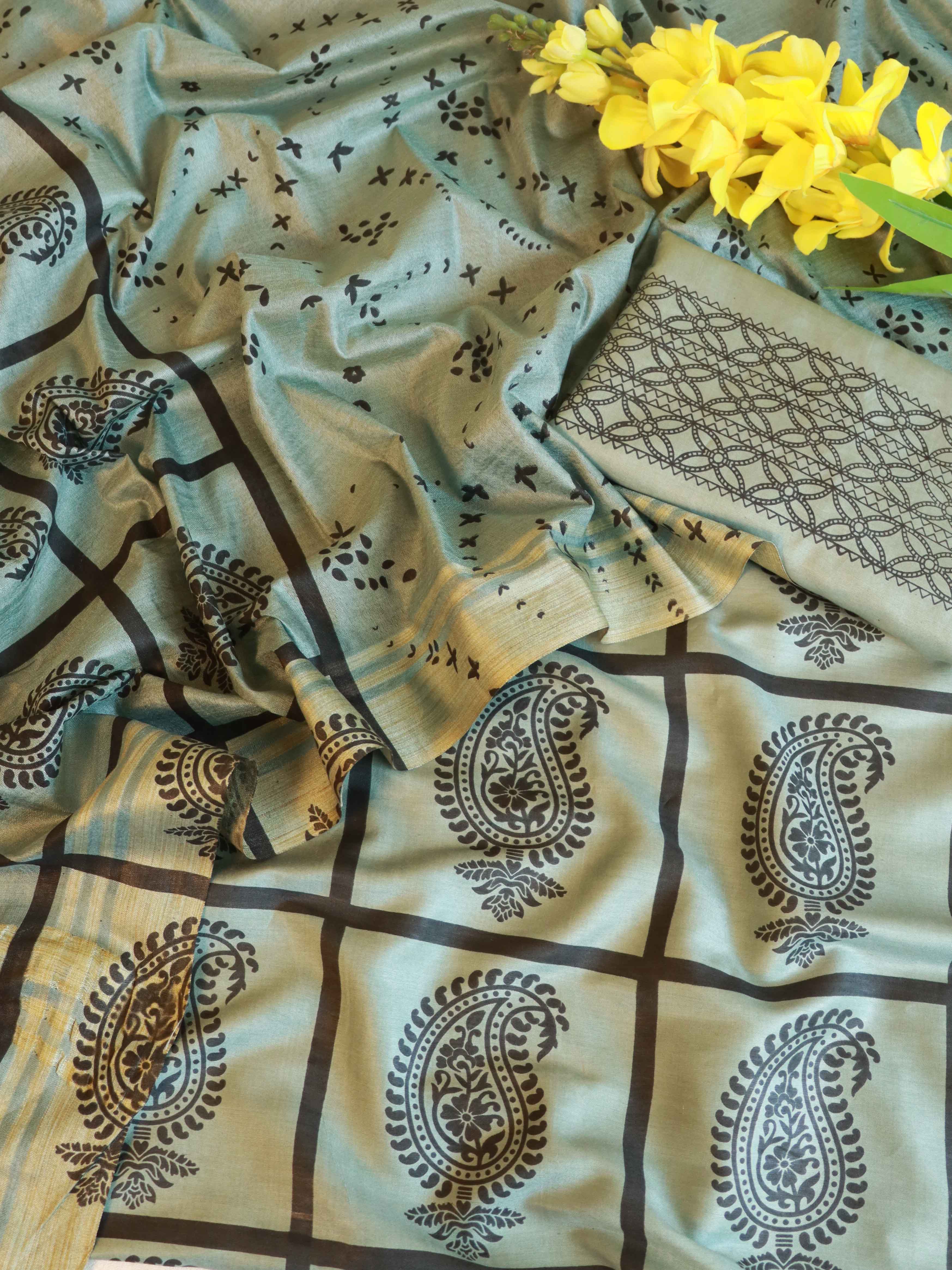 Handloom Block Printed Khadi Cotton Salwar Kameez With Dupatta Set-Mint Green
