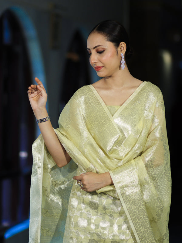 Banarasee Cotton Silk Kota Check Zari Work Salwar Kameez Fabric With Dupatta Set-Light Yellow