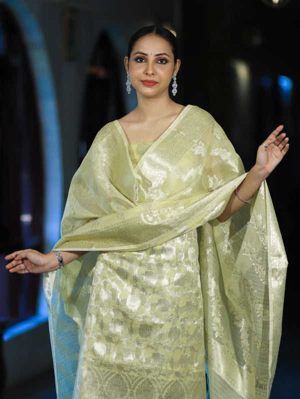 Banarasee Cotton Silk Kota Check Zari Work Salwar Kameez Fabric With Dupatta Set-Light Yellow
