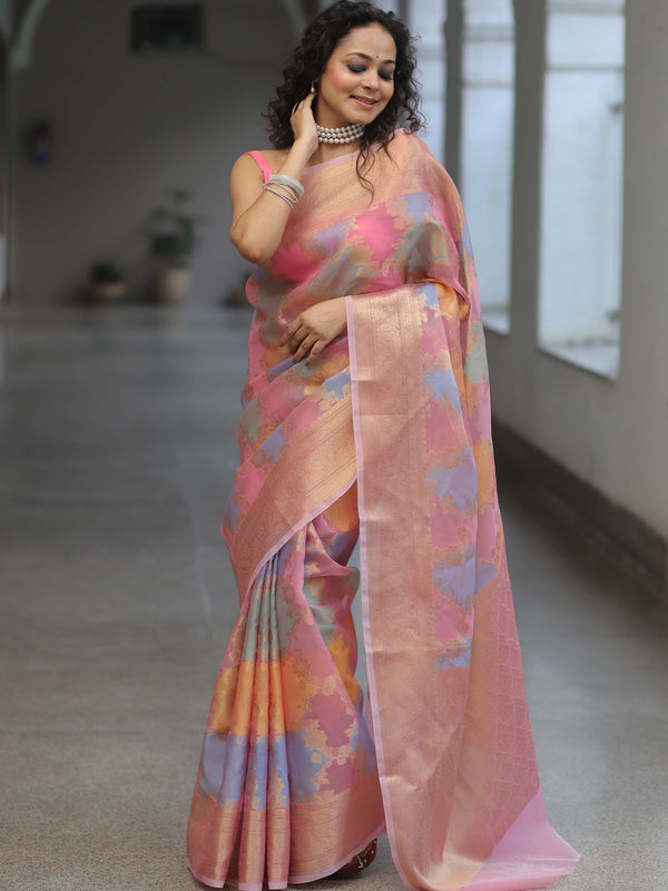 Banarasee Organza Mix Saree With Zari Jaal & Border-Pink