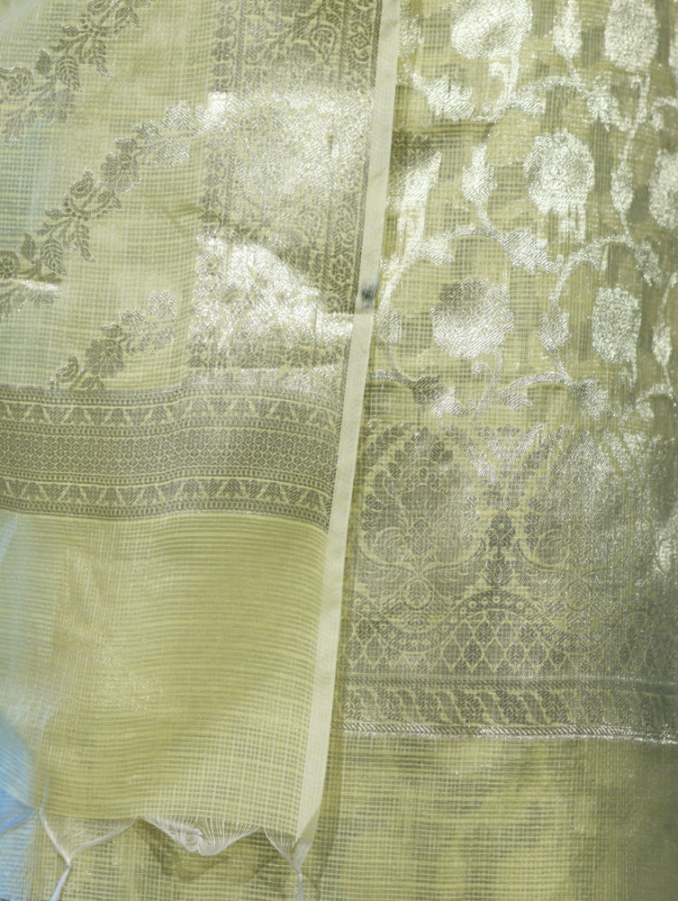 Banarasee Cotton Silk Kota Check Zari Work Salwar Kameez Fabric With Dupatta Set-Light Yellow