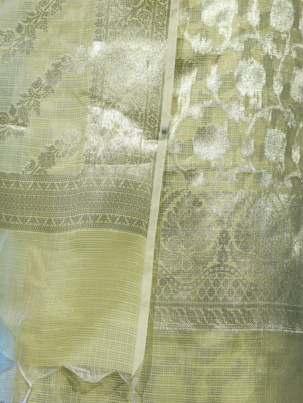 Banarasee Cotton Silk Kota Check Zari Work Salwar Kameez Fabric With Dupatta Set-Light Yellow