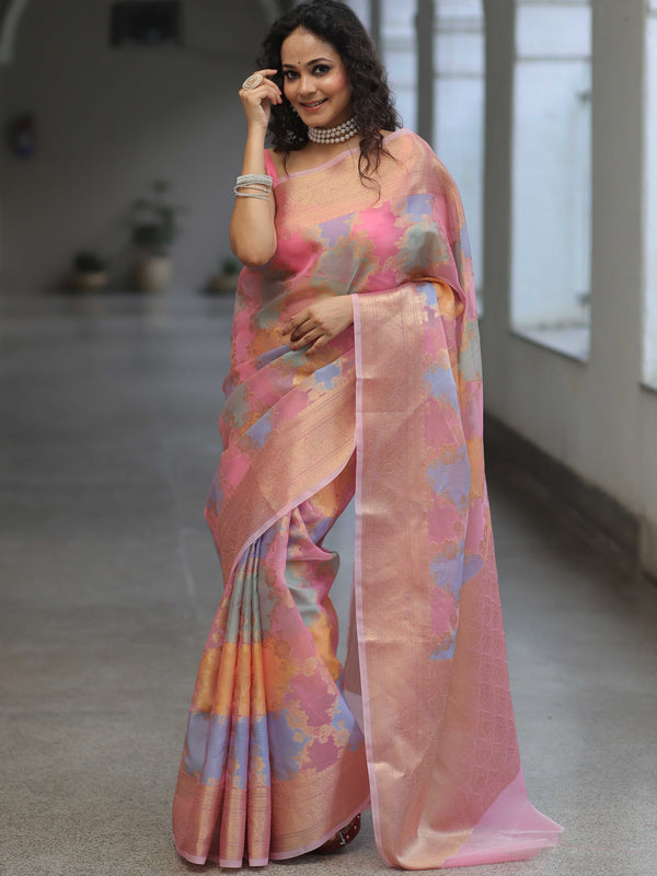 Banarasee Organza Mix Saree With Zari Jaal & Border-Pink