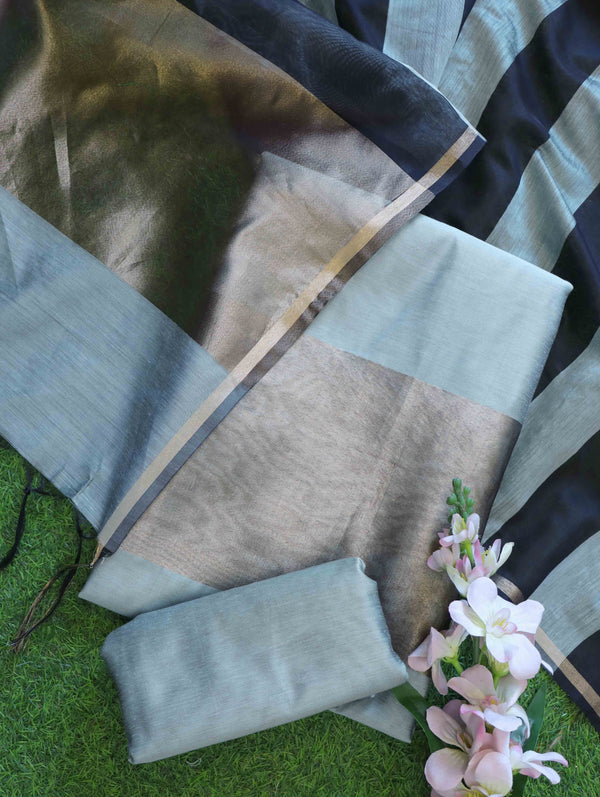 Banarasee Cotton Silk Stripe Pattern Salwar Kameez Fabric With Dupatta Set-Light Blue