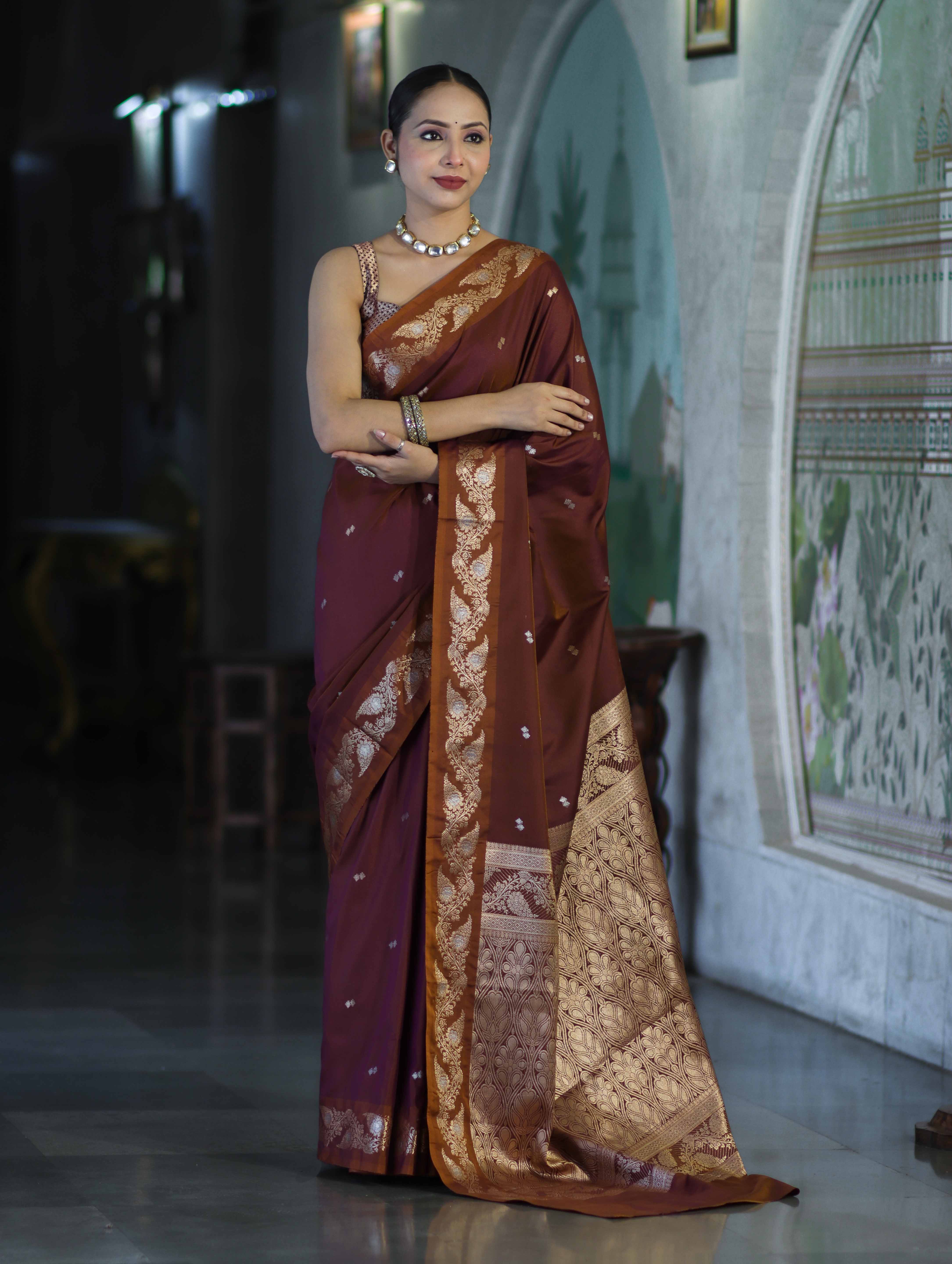 Banarasee Handloom Semi Silk Saree With Sona Rupa Zari Buti Design & Floral Border-Burgundy