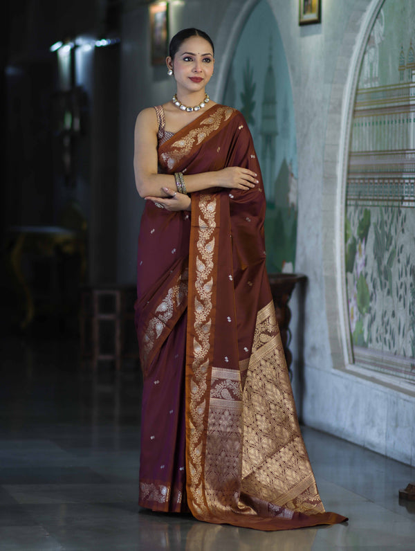 Banarasee Handloom Semi Silk Saree With Sona Rupa Zari Buti Design & Floral Border-Burgundy