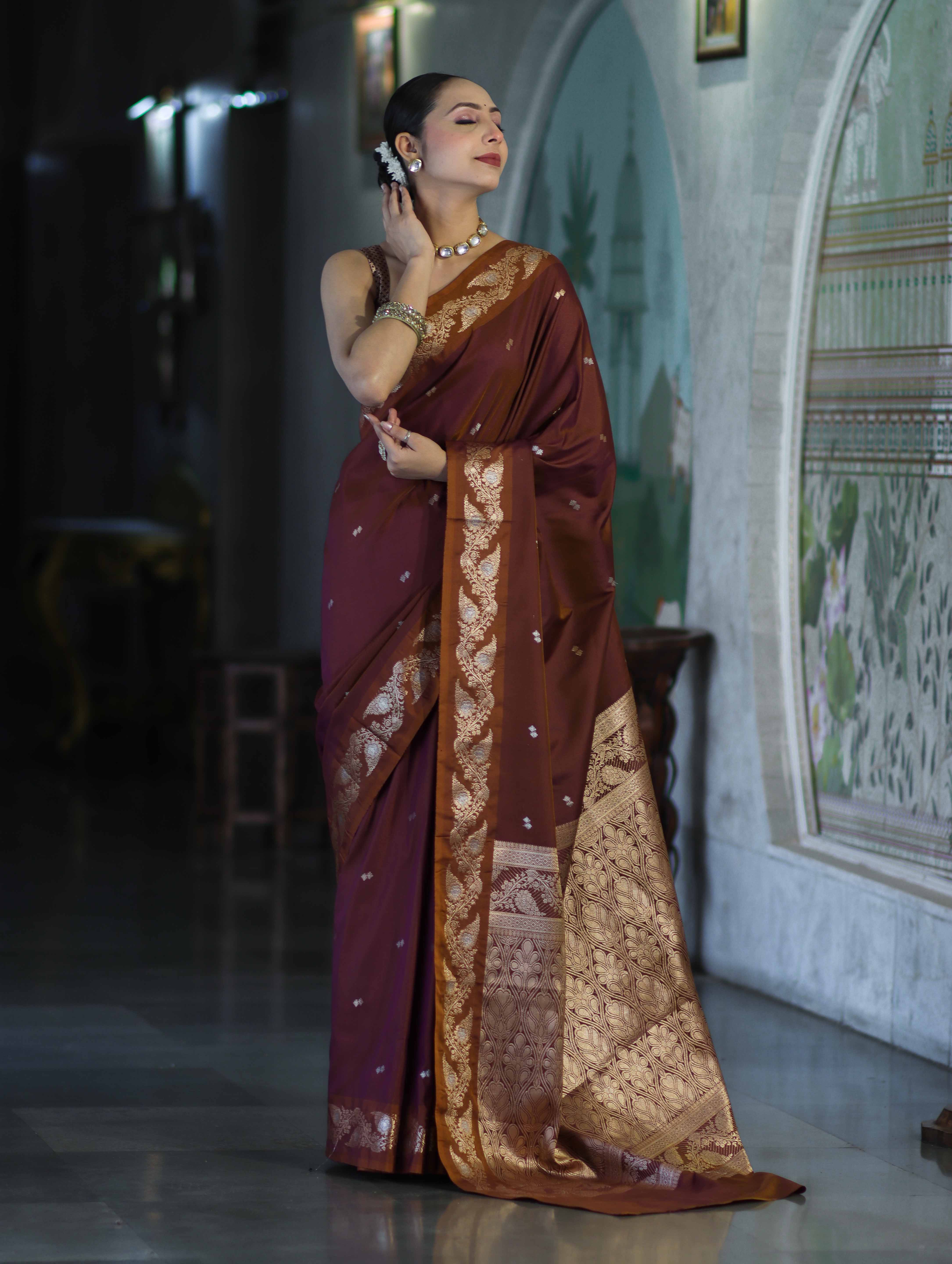 Banarasee Handloom Semi Silk Saree With Sona Rupa Zari Buti Design & Floral Border-Burgundy