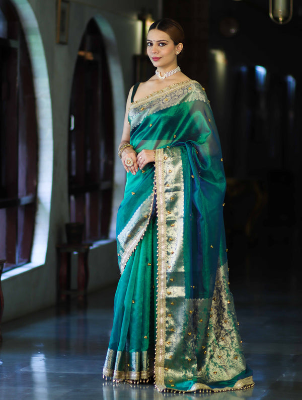 Banarasee Handwoven Tissue Saree With Embroidered Ghungroo Work-Green (Dual Tone)