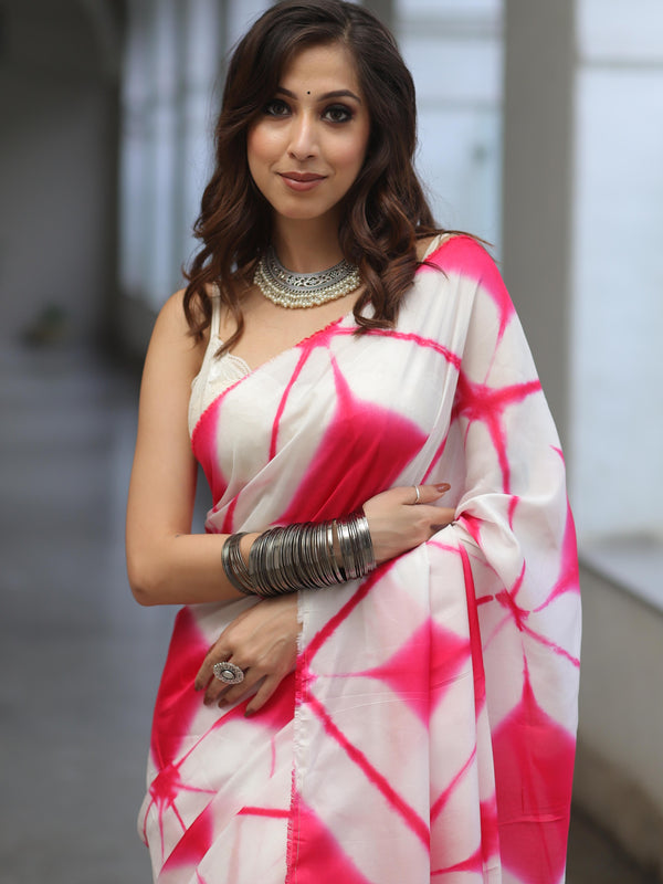 Banarasee Semi Silk Hand-dyed Shibori Work Saree-White & Pink