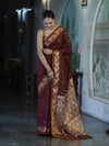 Banarasee Handloom Semi Silk Saree With Sona Rupa Zari Buti Design & Floral Border-Burgundy
