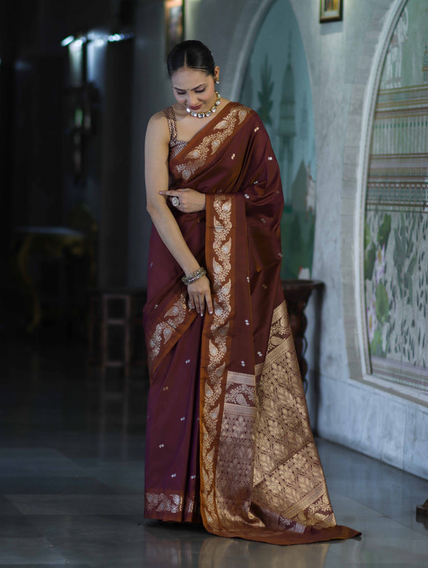Banarasee Handloom Semi Silk Saree With Sona Rupa Zari Buti Design & Floral Border-Burgundy