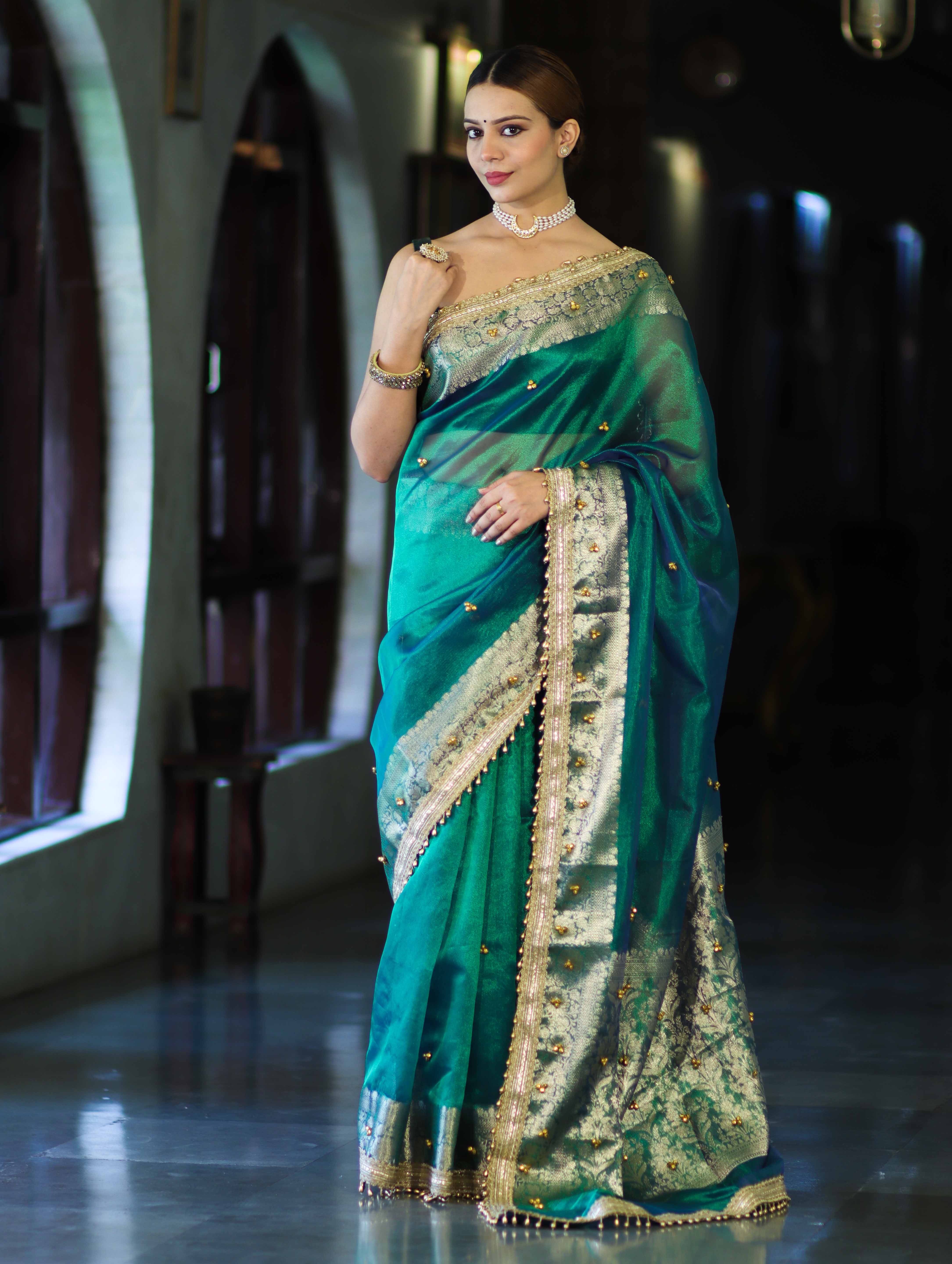 Banarasee Handwoven Tissue Saree With Embroidered Ghungroo Work-Green (Dual Tone)
