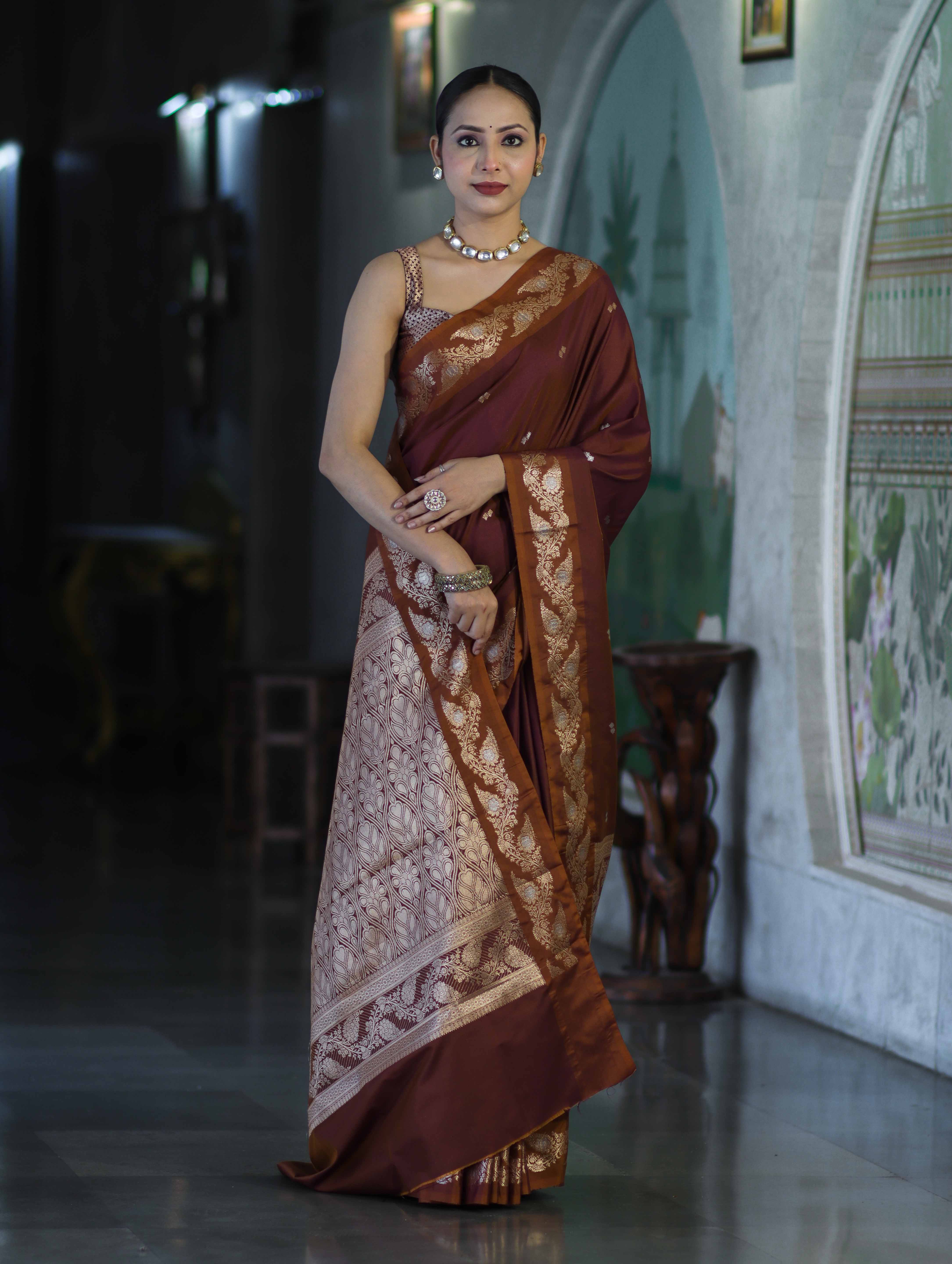Banarasee Handloom Semi Silk Saree With Sona Rupa Zari Buti Design & Floral Border-Burgundy