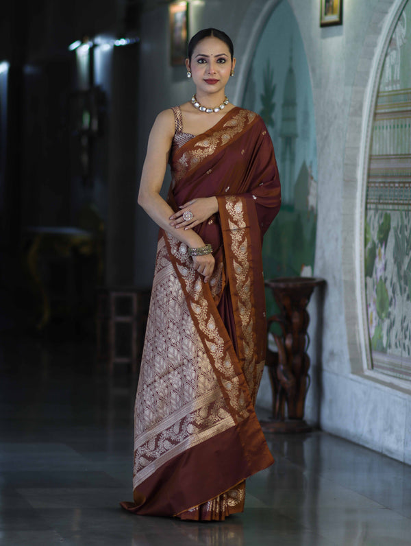 Banarasee Handloom Semi Silk Saree With Sona Rupa Zari Buti Design & Floral Border-Burgundy